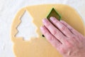 WomanÃ¢â¬â¢s hands cutting out Christmas tree sugar cookies, pastry cloth, cookie sheet Royalty Free Stock Photo